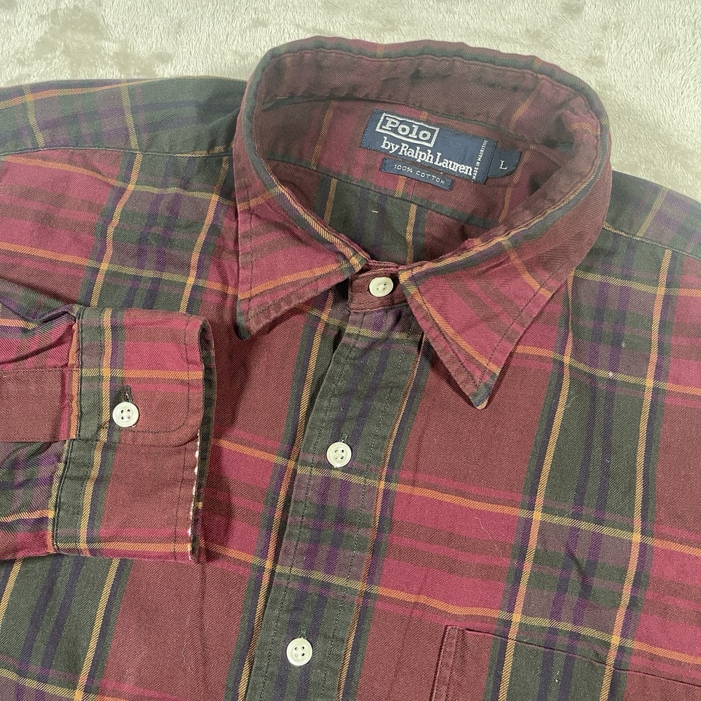 Polo Ralph Lauren Vintage ButtonDown Men's L Tartan Plaid‎ Cotton Burgundy